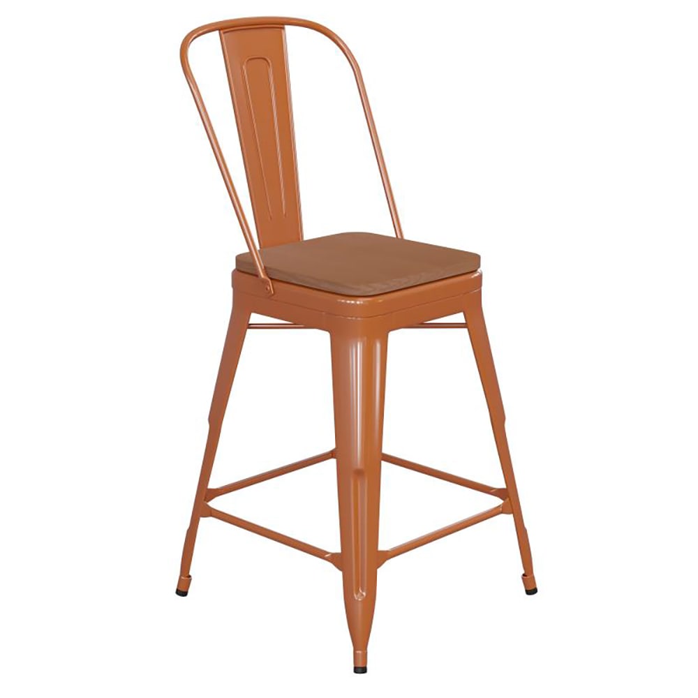 Flash Furniture CH-31320-24GB-OR-PL2T-GG Counter Height Bar Stool w/ Removable Back & Wood Seat - Steel, Orange