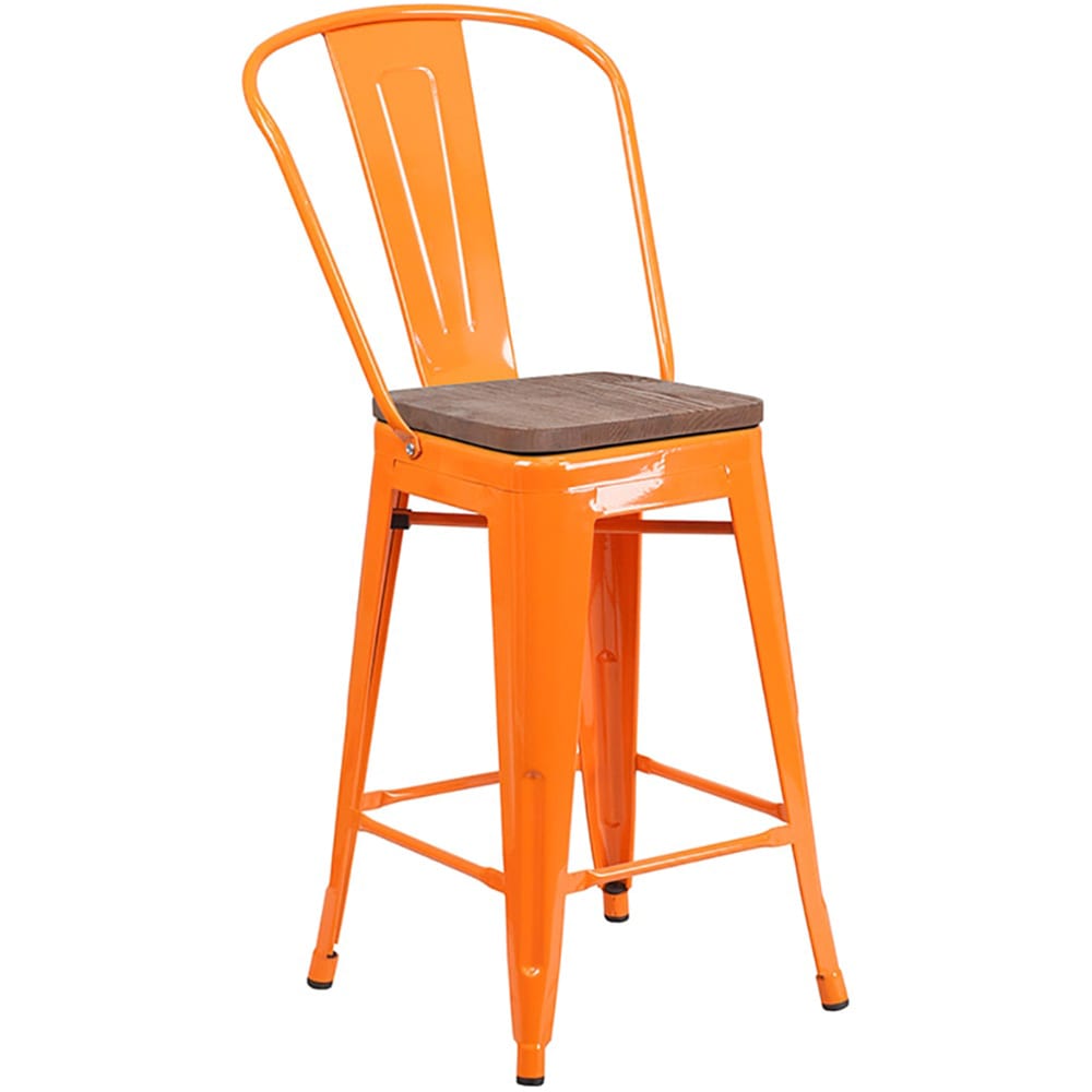 Flash Furniture CH-31320-24GB-OR-WD-GG Counter Height Bar Stool w/ Curved Back & Wood Seat, Orange