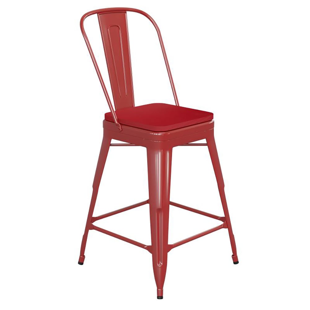 Flash Furniture CH-31320-24GB-RED-PL2R-GG Counter Height Bar Stool w/ Removable Back & Wood Seat - Steel, Red