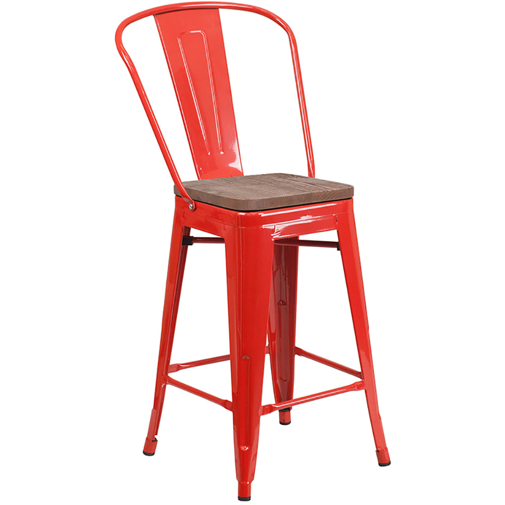Flash Furniture CH-31320-24GB-RED-WD-GG Counter Height Bar Stool w/ Curved Back & Wood Seat, Red