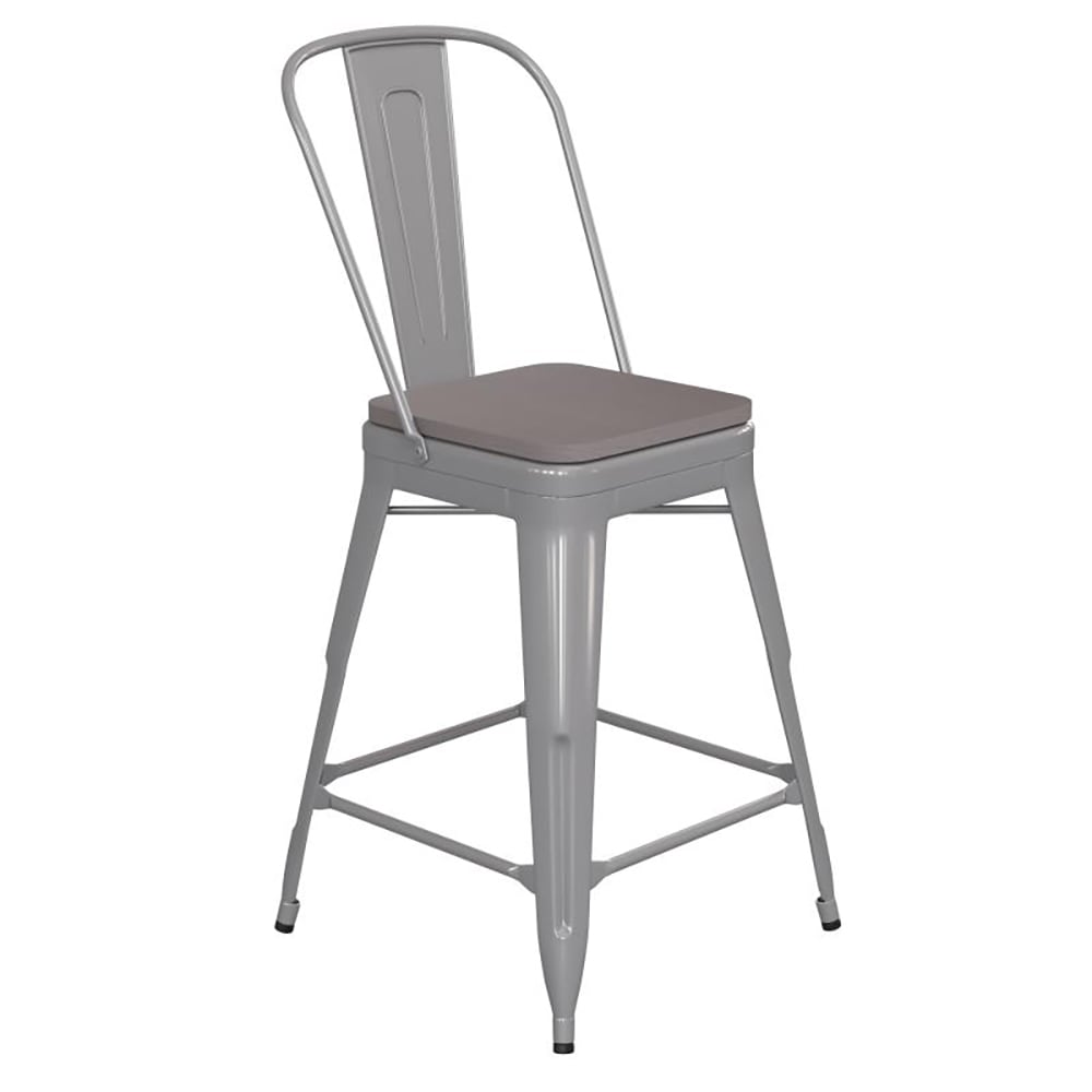 Flash Furniture CH-31320-24GB-SIL-PL2G-GG Counter Height Bar Stool w/ Removable Back & Wood Seat - Steel, Silver