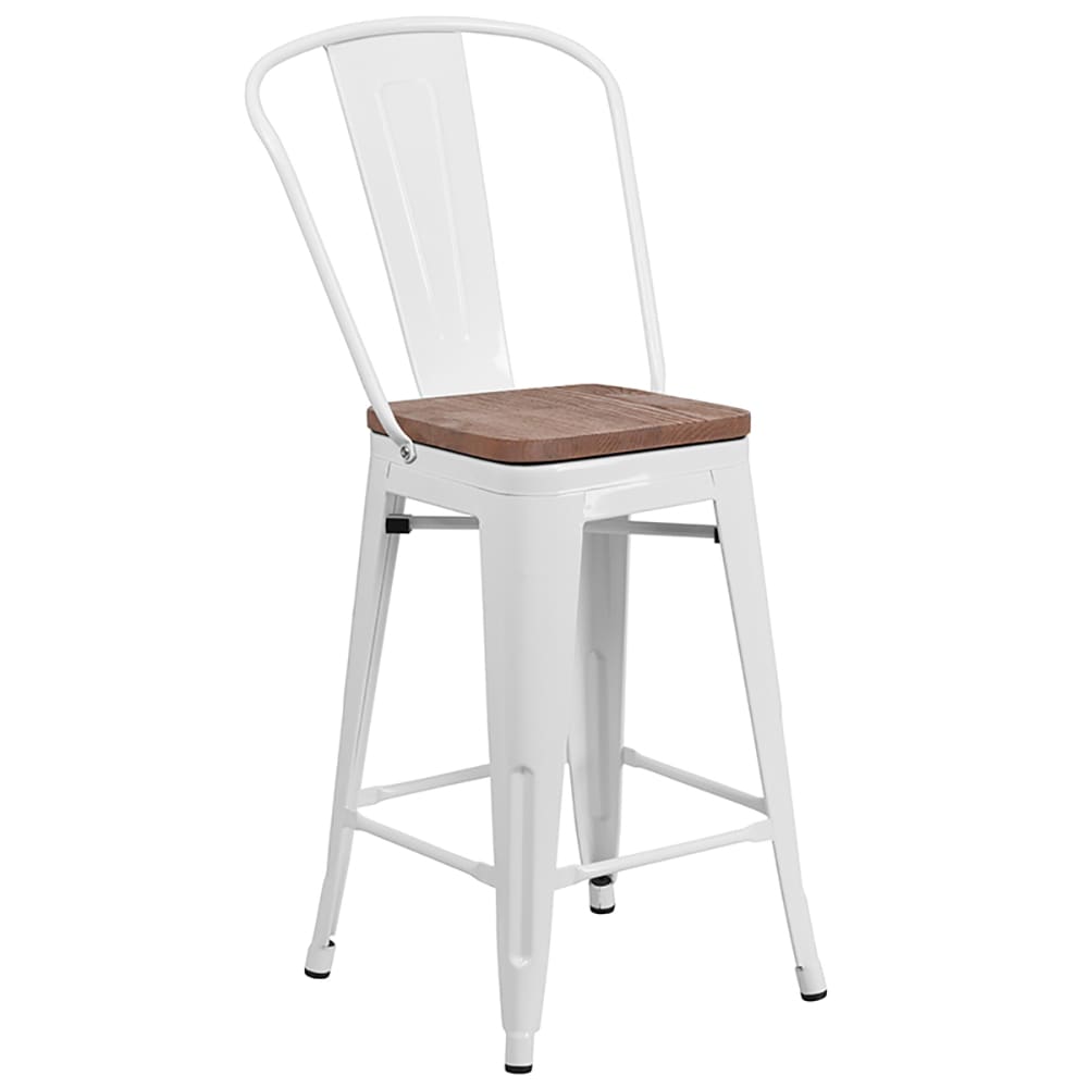 Flash Furniture CH-31320-24GB-WH-WD-GG Counter Height Bar Stool w/ Curved Back & Wood Seat, White