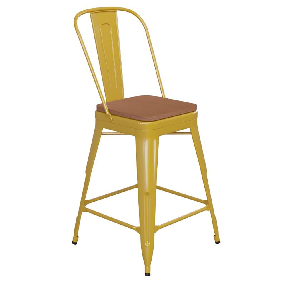Flash Furniture CH-31320-24GB-YL-PL2T-GG Counter Height Bar Stool w/ Removable Back & Wood Seat - Steel, Yellow