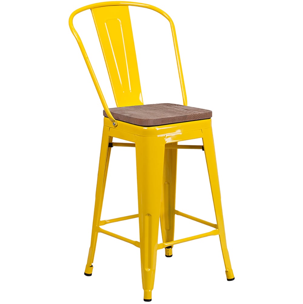 Flash Furniture CH-31320-24GB-YL-WD-GG Counter Height Bar Stool w/ Curved Back & Wood Seat, Yellow