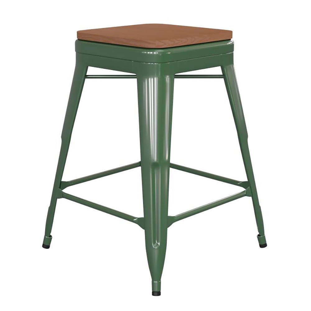 Flash Furniture CH-31320-24-GN-PL2T-GG Counter Height Backless Stool w/ Wood Seat - Steel, Green