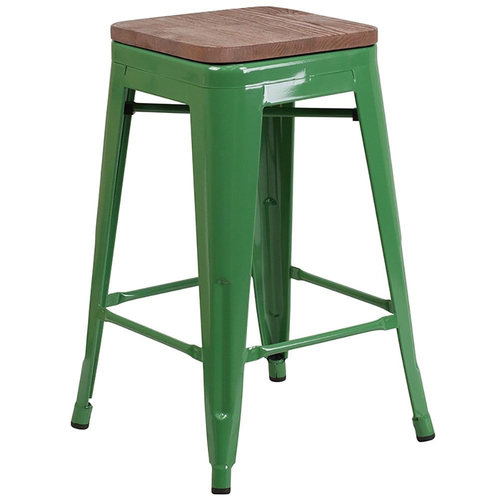 Flash Furniture CH-31320-24-GN-WD-GG Counter Height Backless Bar Stool w/ Wood Seat, Green