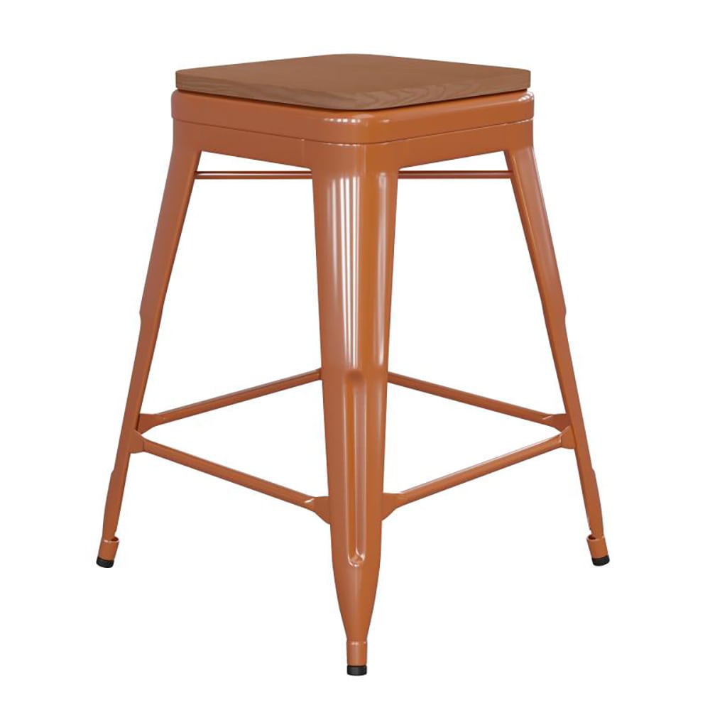 Flash Furniture CH-31320-24-OR-PL2T-GG Counter Height Backless Stool w/ Wood Seat - Steel, Orange