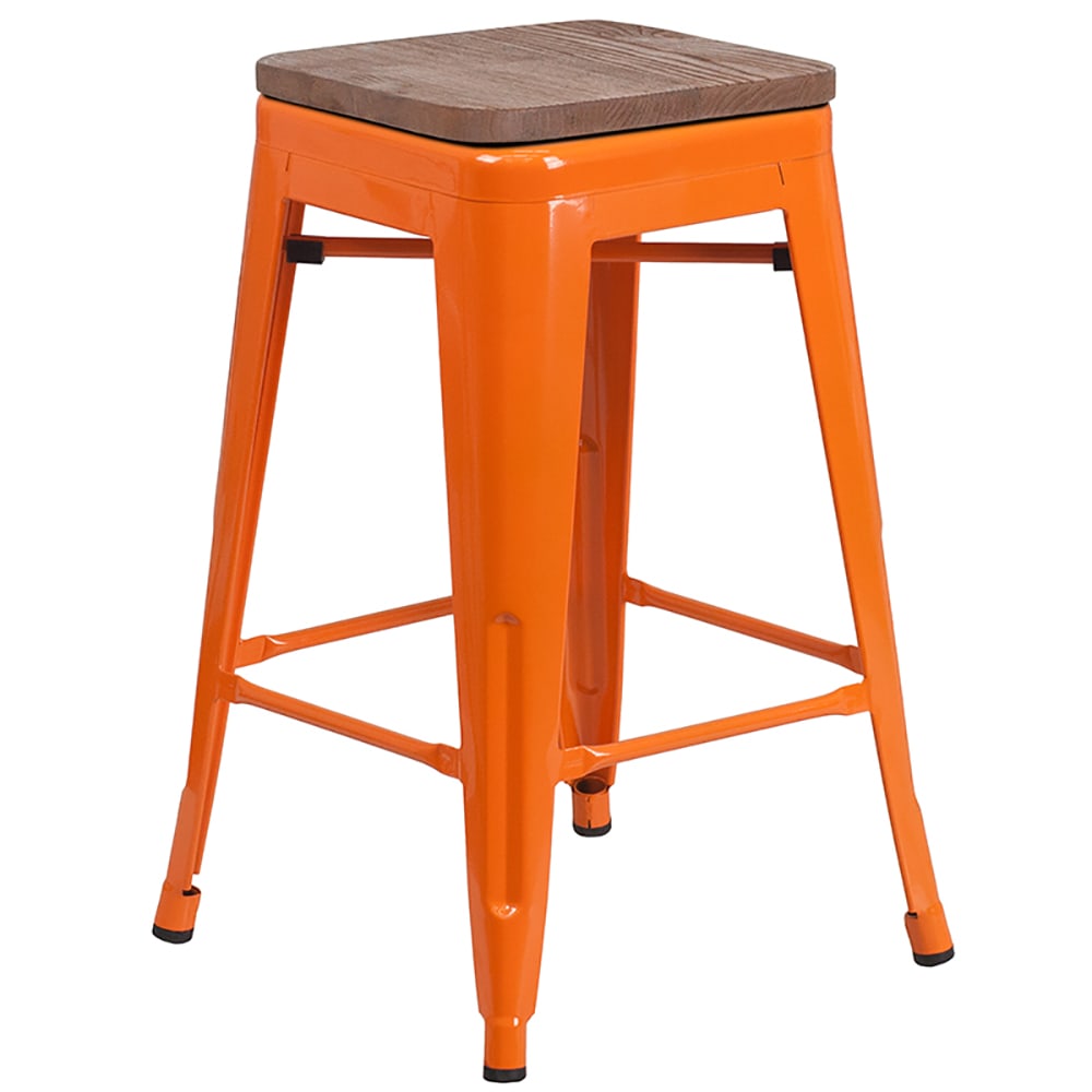 Flash Furniture CH-31320-24-OR-WD-GG Counter Height Backless Bar Stool w/ Wood Seat, Orange