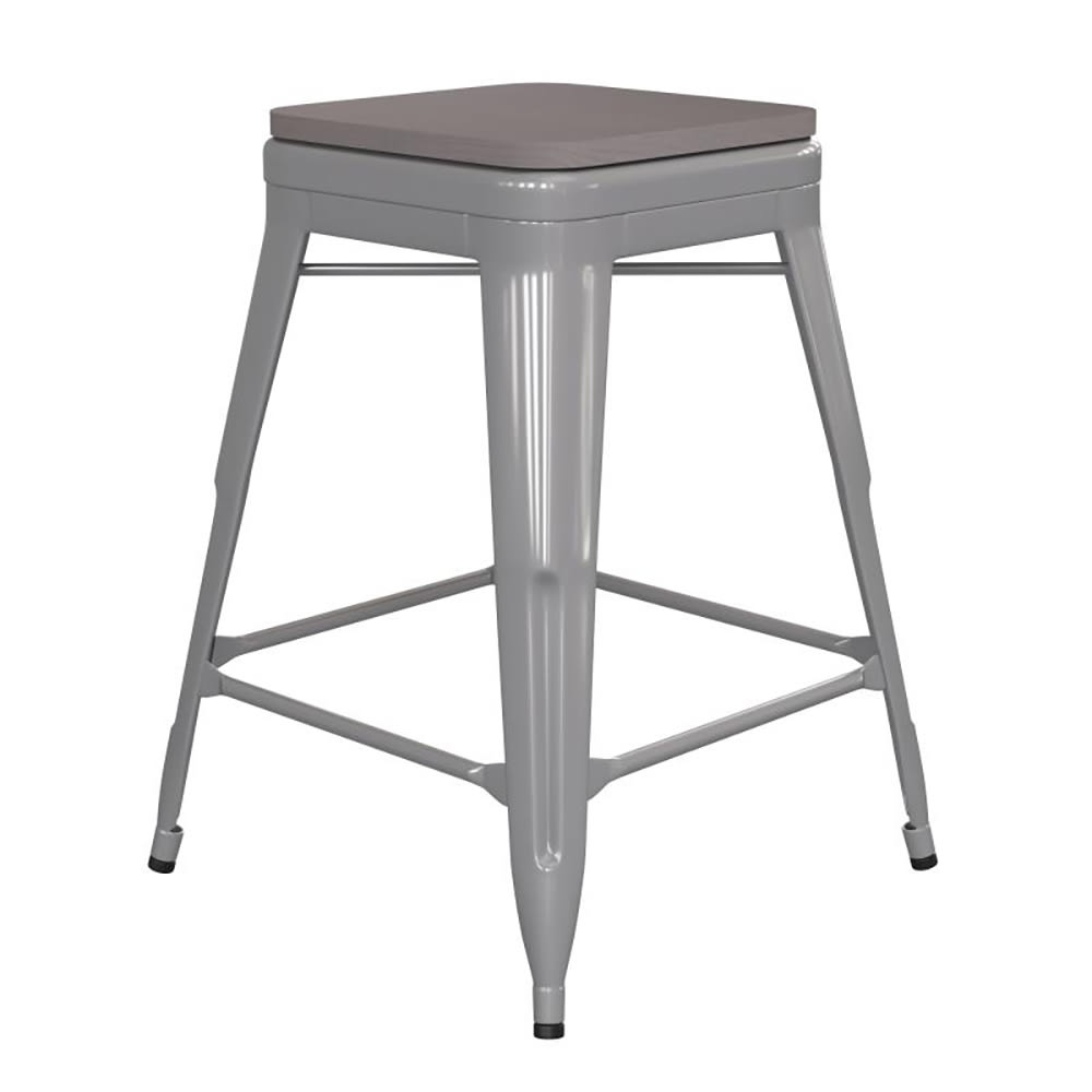 Flash Furniture CH-31320-24-SIL-PL2G-GG Counter Height Backless Stool w/ Wood Seat - Steel, Silver