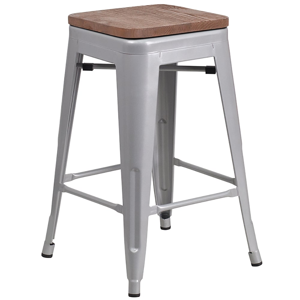 Flash Furniture CH-31320-24-SIL-WD-GG Counter Height Backless Bar Stool w/ Wood Seat, Silver