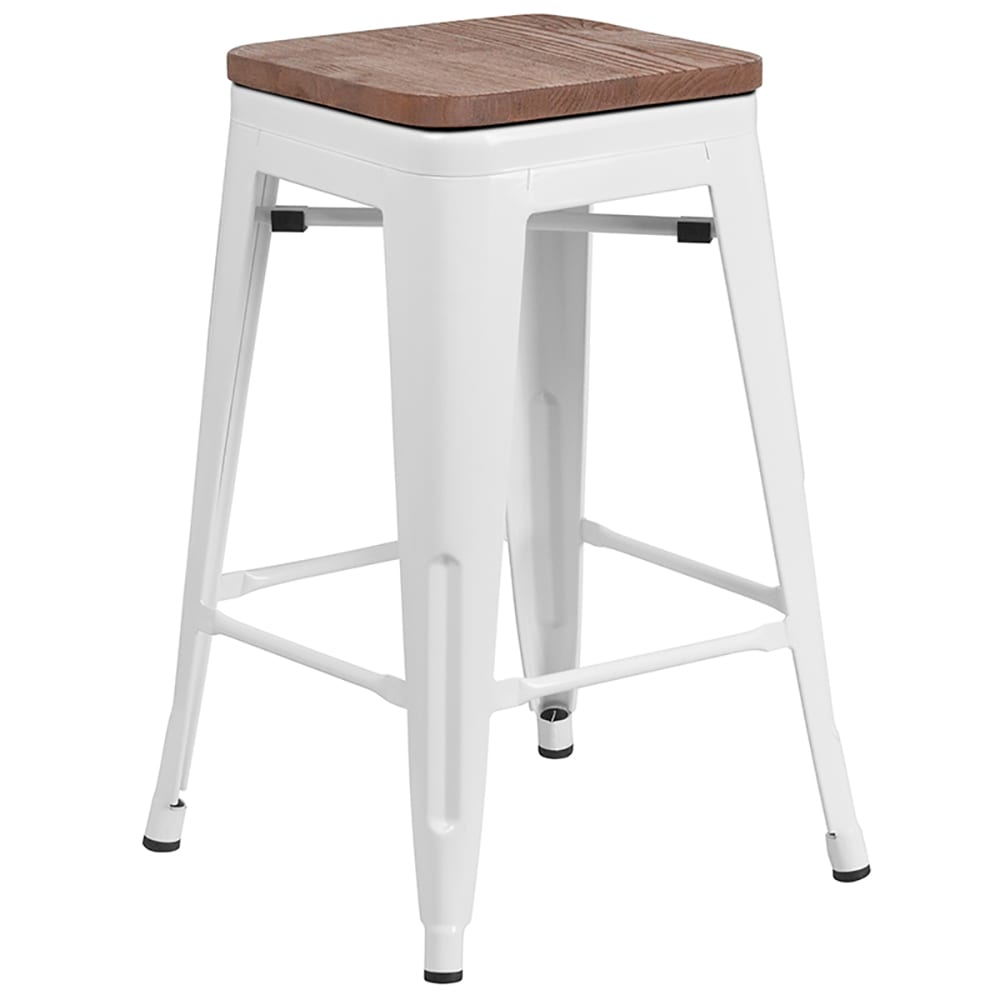 Flash Furniture CH-31320-24-WH-WD-GG Counter Height Backless Bar Stool w/ Wood Seat, White