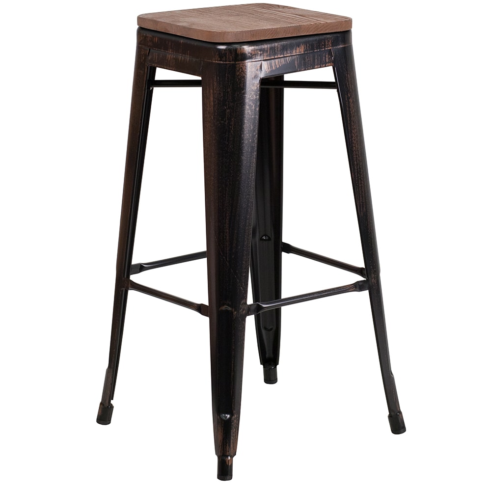 Flash Furniture CH-31320-30-BQ-WD-GG Backless Bar Stool w/ Wood Seat, Black Antique Gold