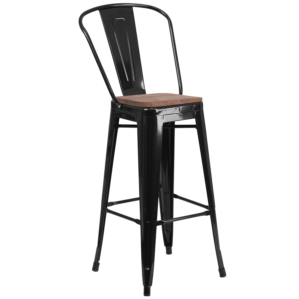 Flash Furniture CH-31320-30GB-BK-WD-GG Bar Stool w/ Curved Back & Wood Seat, Black
