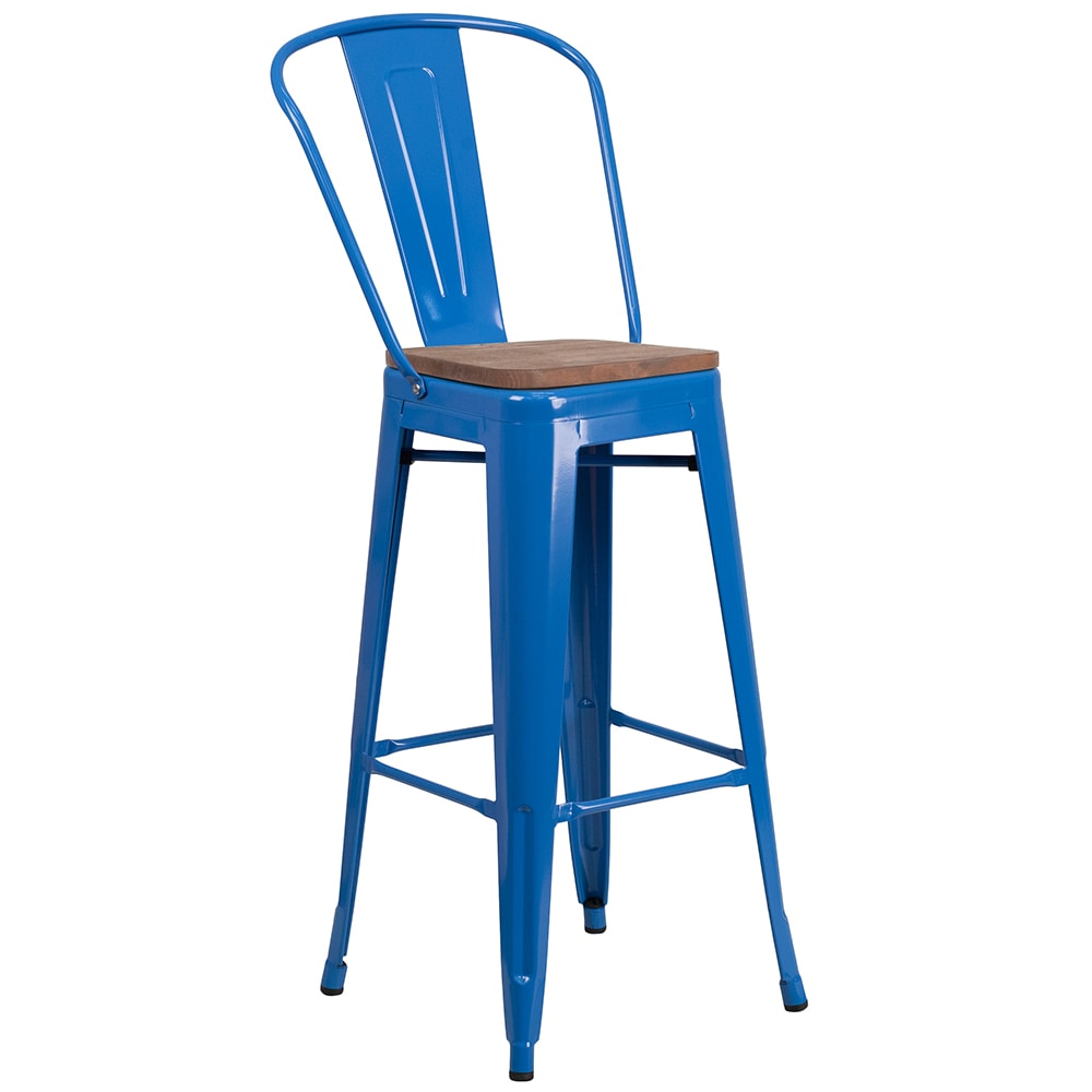 Flash Furniture CH-31320-30GB-BL-WD-GG Bar Stool w/ Curved Back & Wood Seat, Blue