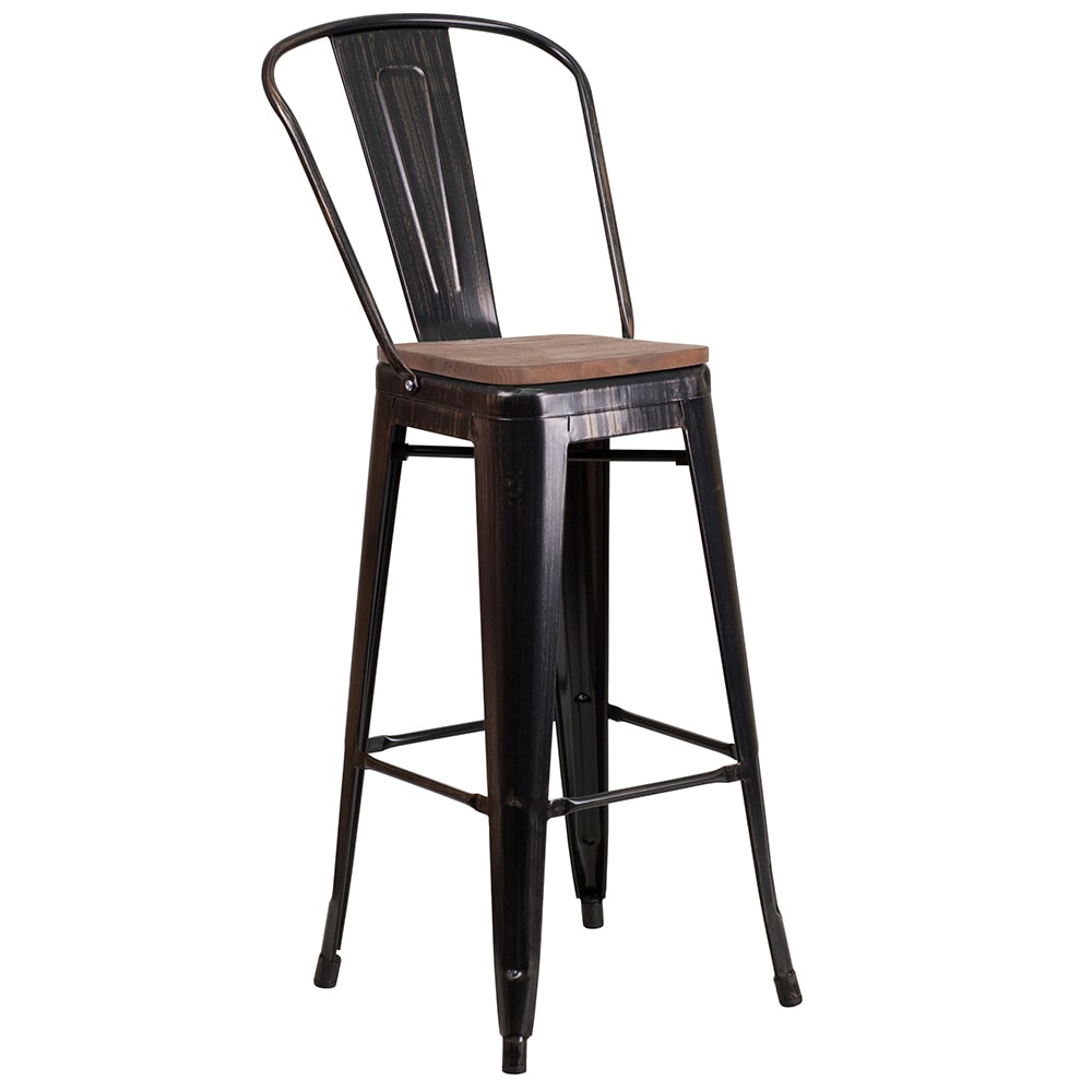 Flash Furniture CH-31320-30GB-BQ-WD-GG Bar Stool w/ Curved Back & Wood Seat, Black Antique Gold