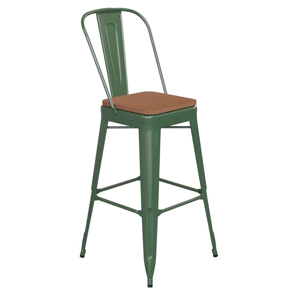 Flash Furniture CH-31320-30GB-GN-PL2T-GG Bar Height Bar Stool w/Removable Back and Wood Seat - Steel, Green