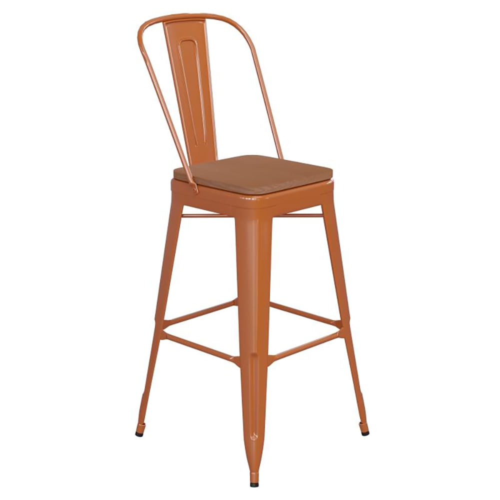 Flash Furniture CH-31320-30GB-OR-PL2T-GG Bar Height Bar Stool w/Removable Back and Wood Seat - Steel, Orange