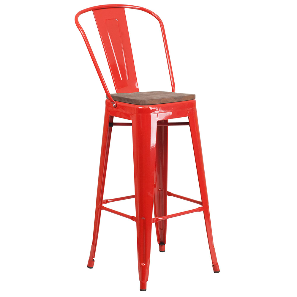 Flash Furniture CH-31320-30GB-RED-WD-GG Bar Stool w/ Curved Back & Wood Seat, Red