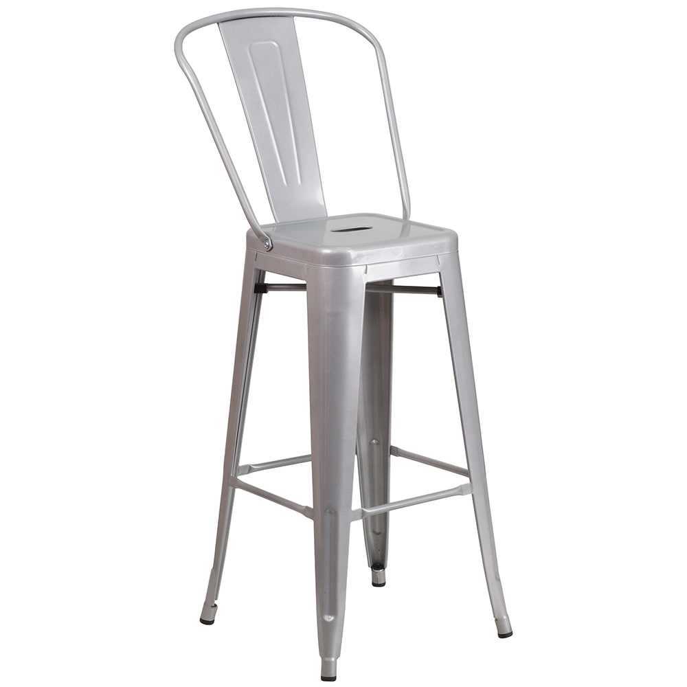 Flash Furniture CH-31320-30GB-SIL-GG Bar Stool w/ Curved Back & Metal Seat, Silver