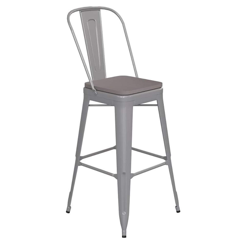 Flash Furniture CH-31320-30GB-SIL-PL2G-GG Bar Height Bar Stool w/Removable Back and Wood Seat - Steel, Silver