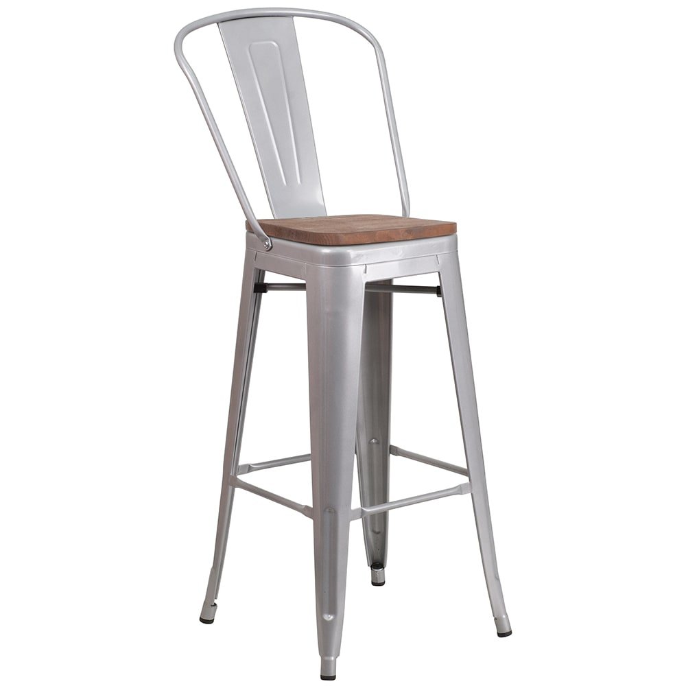 Flash Furniture CH-31320-30GB-SIL-WD-GG Bar Stool w/ Curved Back & Wood Seat, Silver