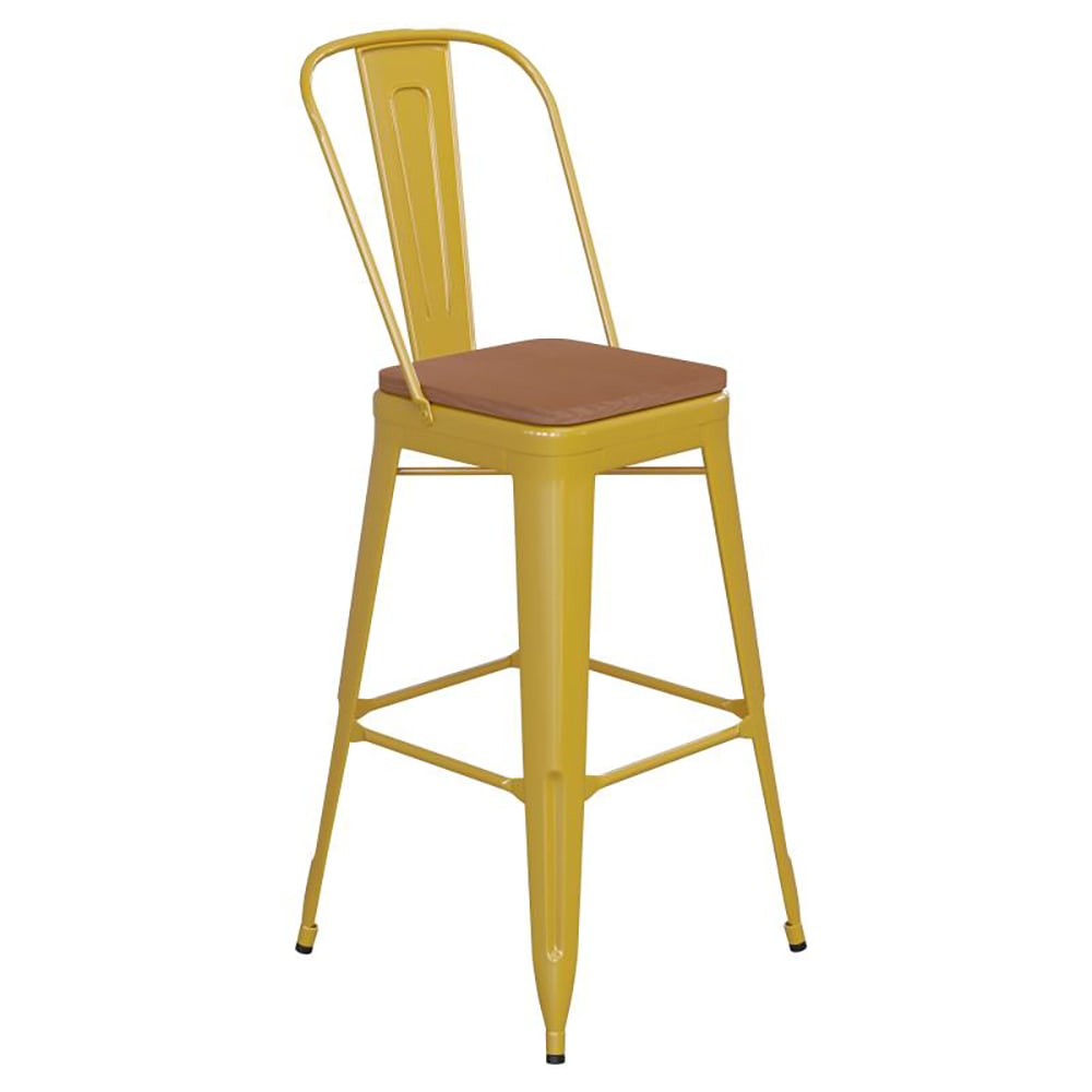 Flash Furniture CH-31320-30GB-YL-PL2T-GG Bar Height Bar Stool w/Removable Back and Wood Seat - Steel, Yellow