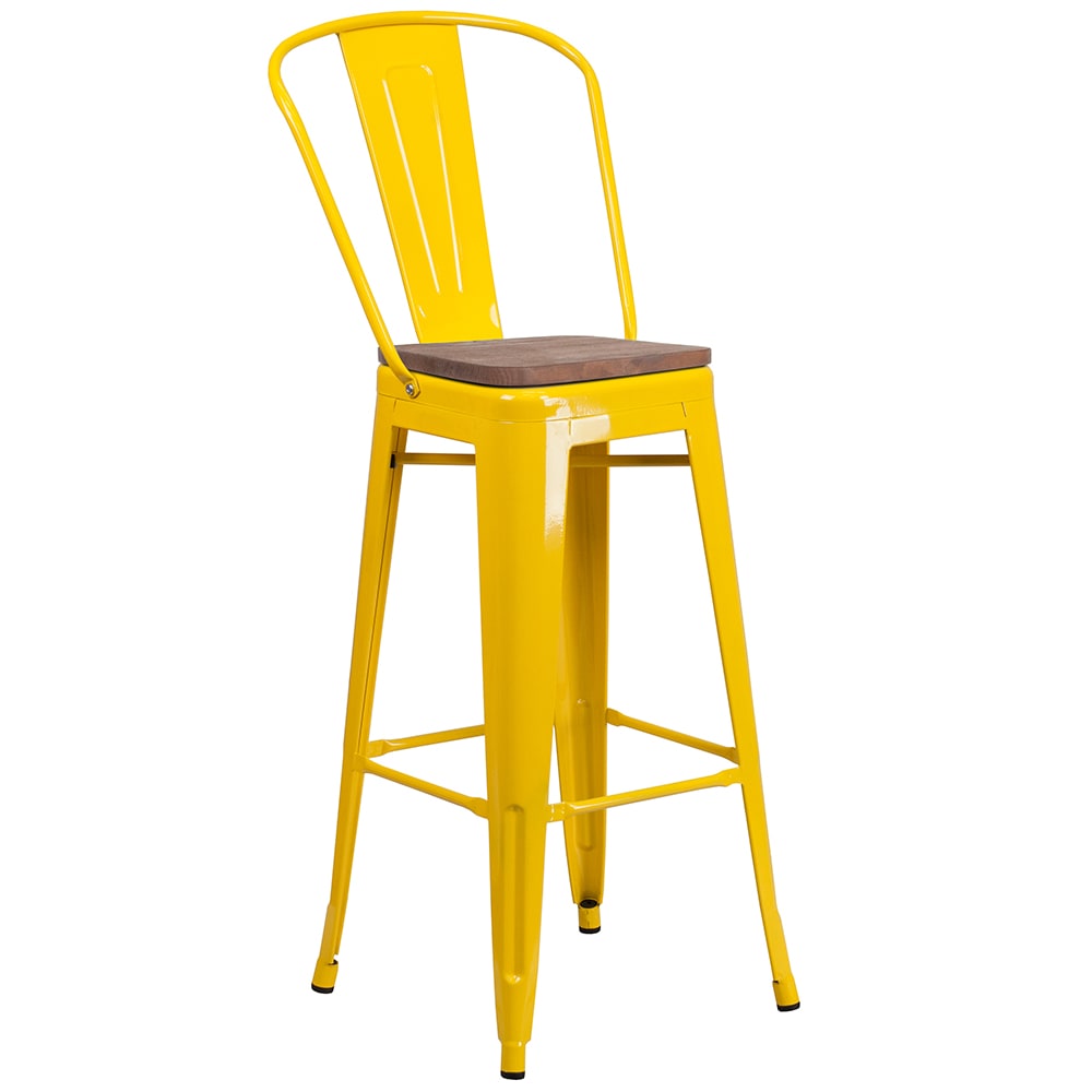 Flash Furniture CH-31320-30GB-YL-WD-GG Bar Stool w/ Curved Back & Wood Seat, Yellow