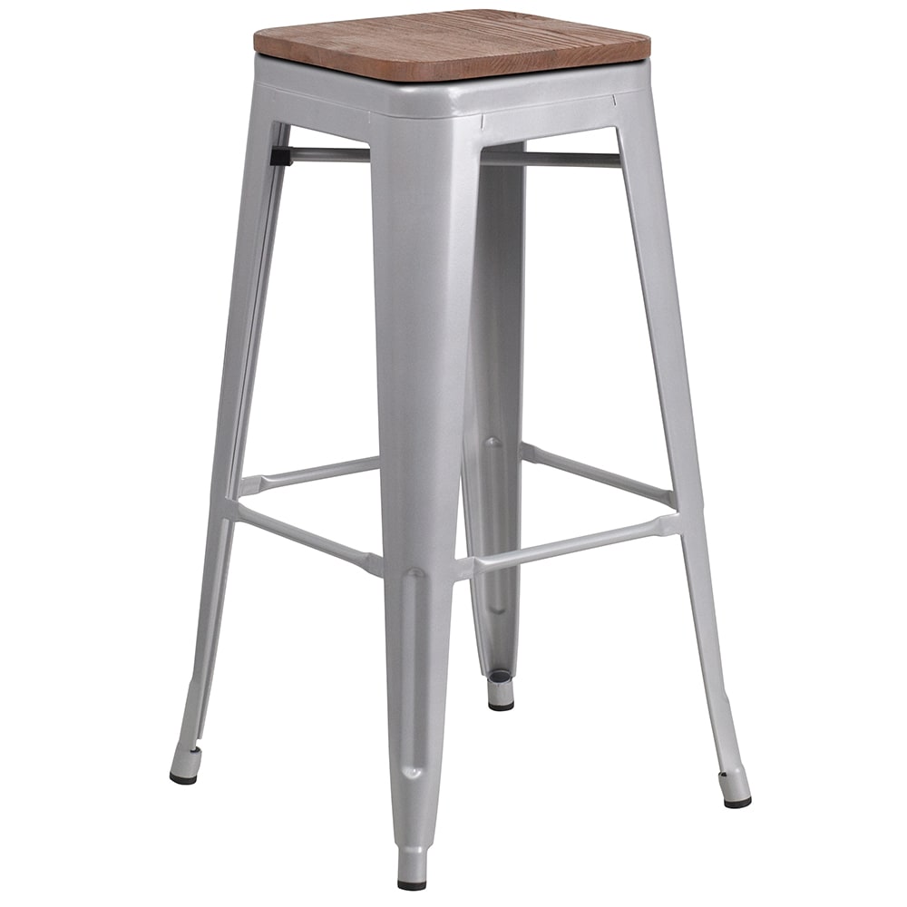 Flash Furniture CH-31320-30-SIL-WD-GG Backless Bar Stool w/ Wood Seat, Silver