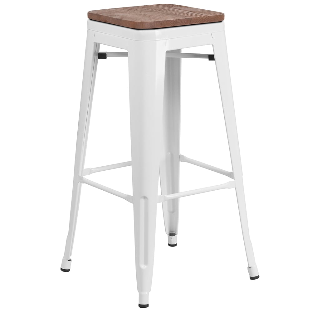 Flash Furniture CH-31320-30-WH-WD-GG Backless Bar Stool w/ Wood Seat, White