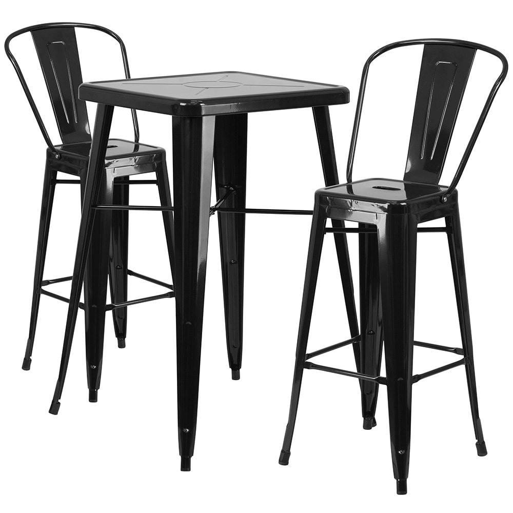 Flash Furniture CH-31330B-2-30GB-BK-GG 27 3/4" Square Bar Height Table w/ (2) Bar Stool Set - Black Steel Top, Steel Base