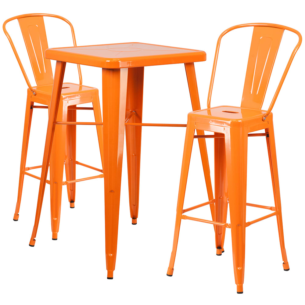 Flash Furniture CH-31330B-2-30GB-OR-GG 27 3/4" Square Bar Height Table w/ (2) Bar Stool Set - Orange Steel Top, Steel Base