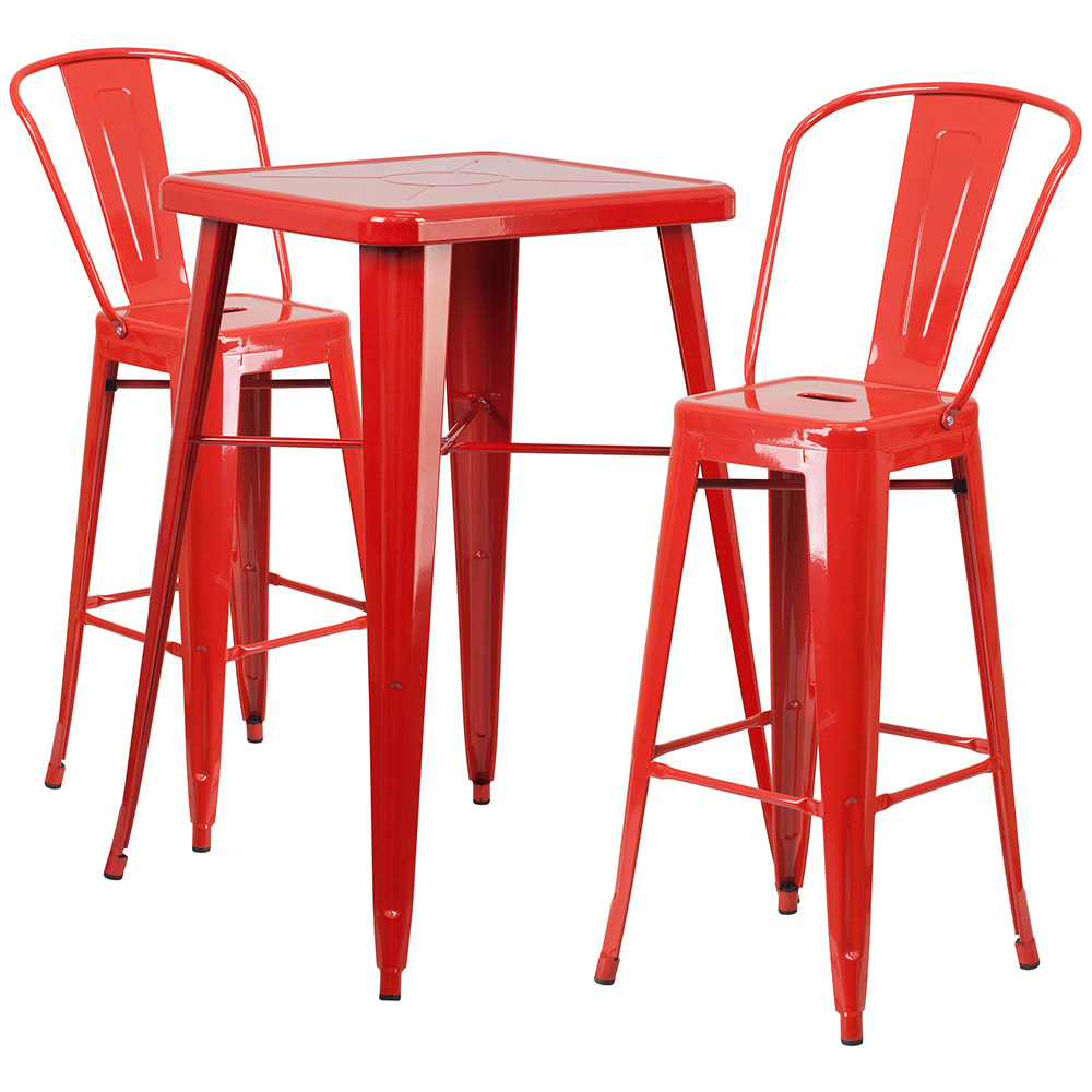 Flash Furniture CH-31330B-2-30GB-RED-GG 27 3/4" Square Bar Height Table w/ (2) Bar Stool Set - Red Steel Top, Steel Base