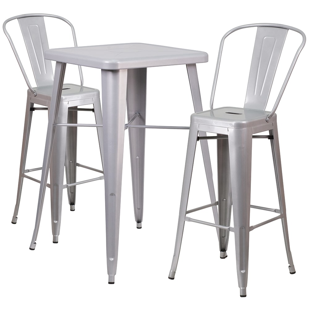 Flash Furniture CH-31330B-2-30GB-SIL-GG 27 3/4" Square Bar Height Table w/ (2) Bar Stool Set - Silver Steel Top, Steel Base