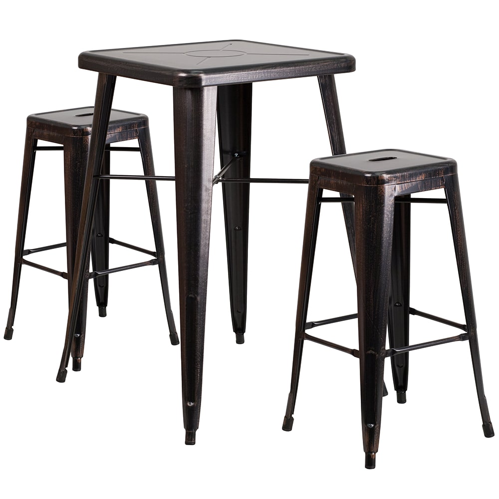 Flash Furniture CH-31330B-2-30SQ-BQ-GG 27 3/4" Square Bar Height Table w/ (2) Bar Stool Set - Black & Antique Gold Steel Top, Steel Base