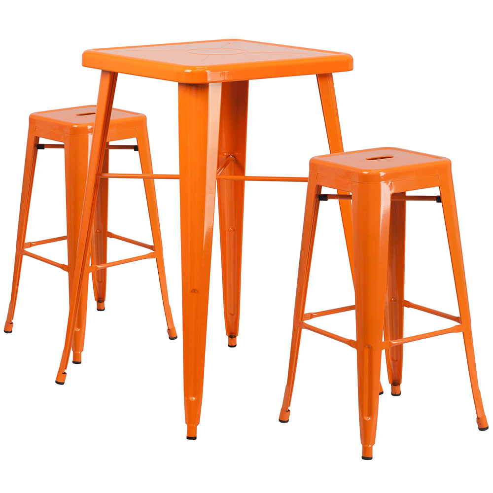 Flash Furniture CH-31330B-2-30SQ-OR-GG 27 3/4" Square Bar Height Table w/ (2) Bar Stool Set - Orange Steel Top, Steel Base