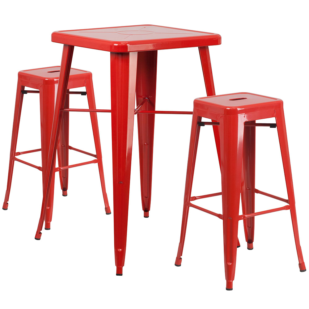 Flash Furniture CH-31330B-2-30SQ-RED-GG 27 3/4" Square Bar Height Table w/ (2) Bar Stool Set - Red Steel Top, Steel Base