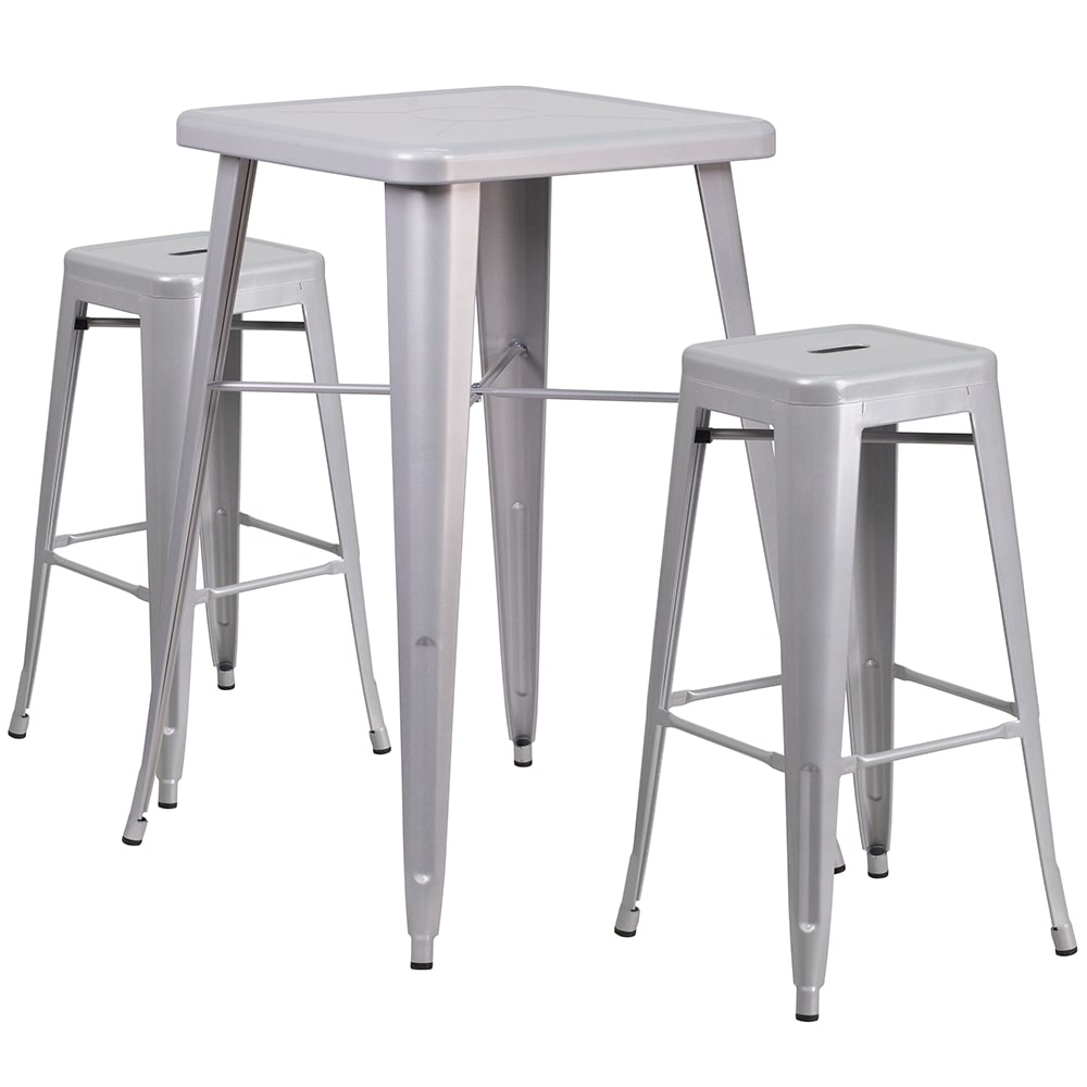 Flash Furniture CH-31330B-2-30SQ-SIL-GG 27 3/4" Square Bar Height Table w/ (2) Bar Stool Set - Silver Steel Top, Steel Base