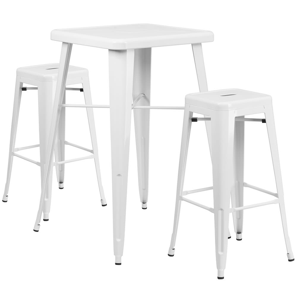 Flash Furniture CH-31330B-2-30SQ-WH-GG 27 3/4" Square Bar Height Table w/ (2) Bar Stool Set - White Steel Top, Steel Base