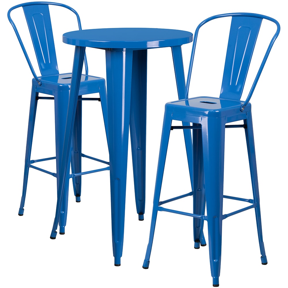 Flash Furniture CH-51080BH-2-30CAFE-BL-GG 24" Round Bar Height Table w/ (2) Bar Stool Set - Blue Steel Top, Steel Base