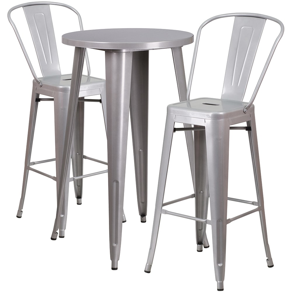 Flash Furniture CH-51080BH-2-30CAFE-SIL-GG 24" Round Bar Height Table w/ (2) Bar Stool Set - Silver Steel Top, Steel Base