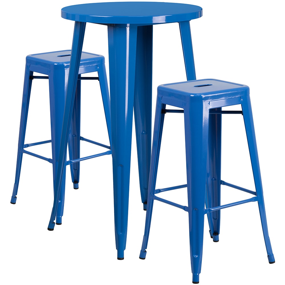 Flash Furniture CH-51080BH-2-30SQST-BL-GG 24" Round Bar Height Table w/ (2) Bar Stool Set - Blue Steel Top, Steel Base