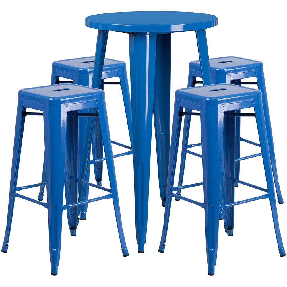 Flash Furniture CH-51080BH-4-30SQST-BL-GG 24" Square Bar Height Table w/ (4) Bar Stool Set - Blue Steel Top, Steel Base