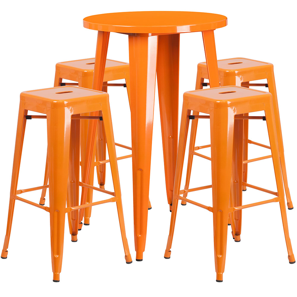 Flash Furniture CH-51080BH-4-30SQST-OR-GG 24" Square Bar Height Table w/ (4) Bar Stool Set - Orange Steel Top, Steel Base