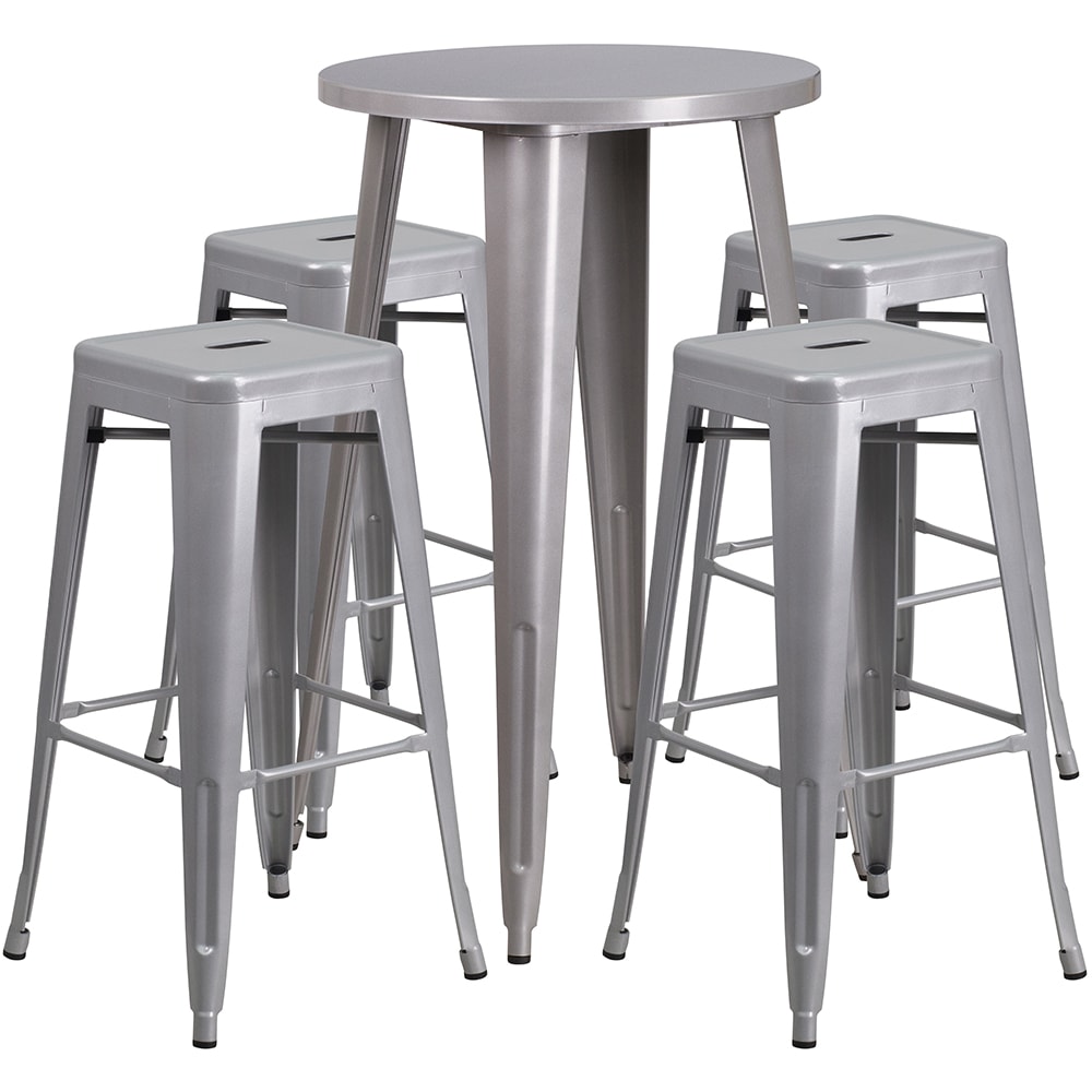 Flash Furniture CH-51080BH-4-30SQST-SIL-GG 24" Square Bar Height Table w/ (4) Bar Stool Set - Silver Steel Top, Steel Base