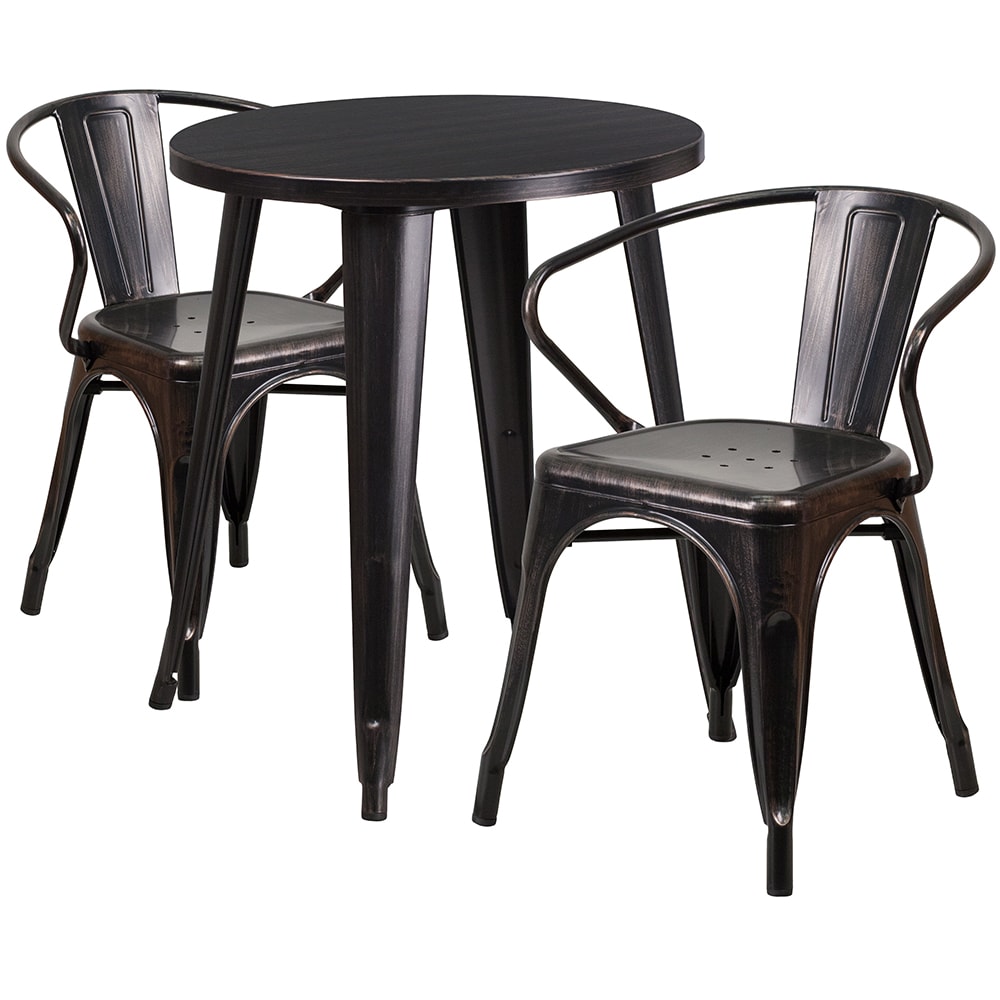 Flash Furniture CH-51080TH-2-18ARM-BQ-GG 24" Round Table & (2) Arm Chair Set - Metal, Black & Antique Gold