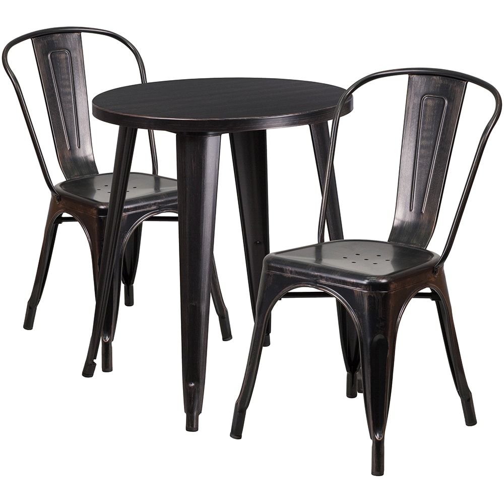 Flash Furniture CH-51080TH-2-18CAFE-BQ-GG 24" Round Table & (2) Café Chair Set - Metal, Black & Antique Gold