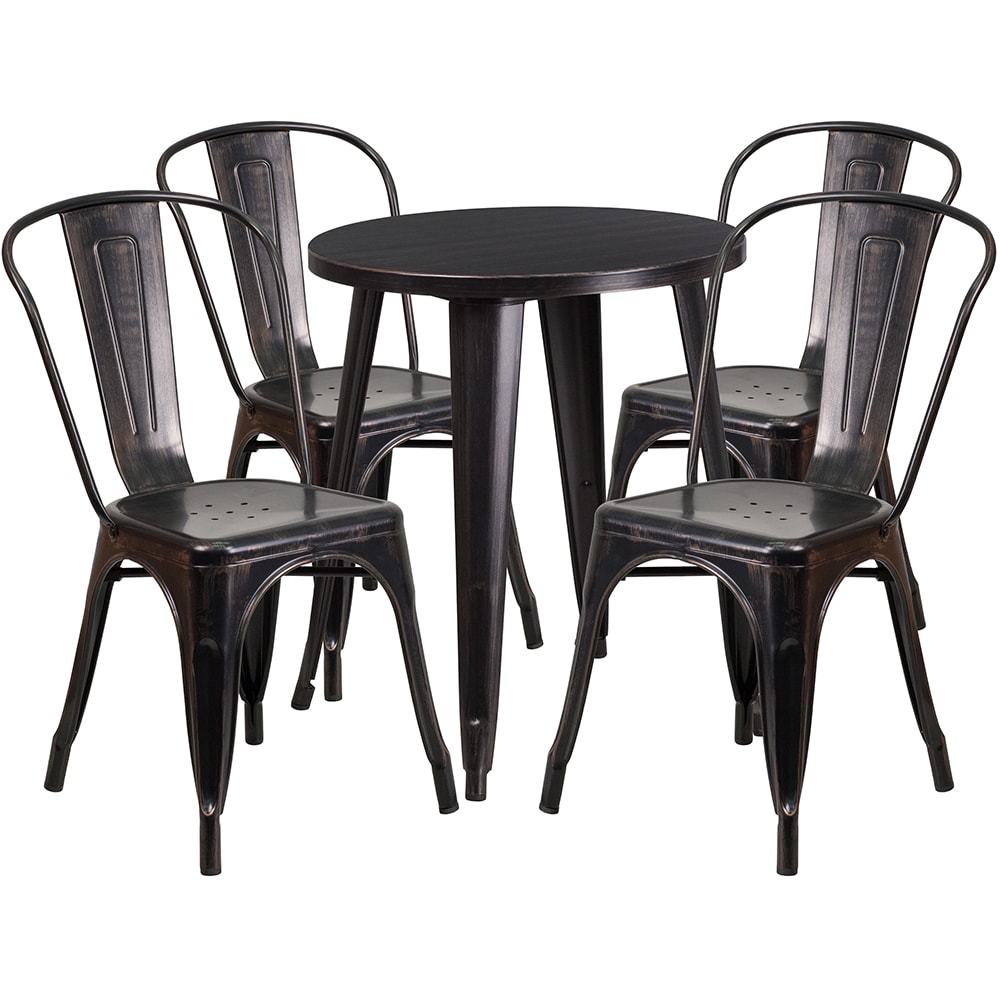 Flash Furniture CH-51080TH-4-18CAFE-BQ-GG 24" Round Table & (4) Café Chair Set - Metal, Black & Antique Gold