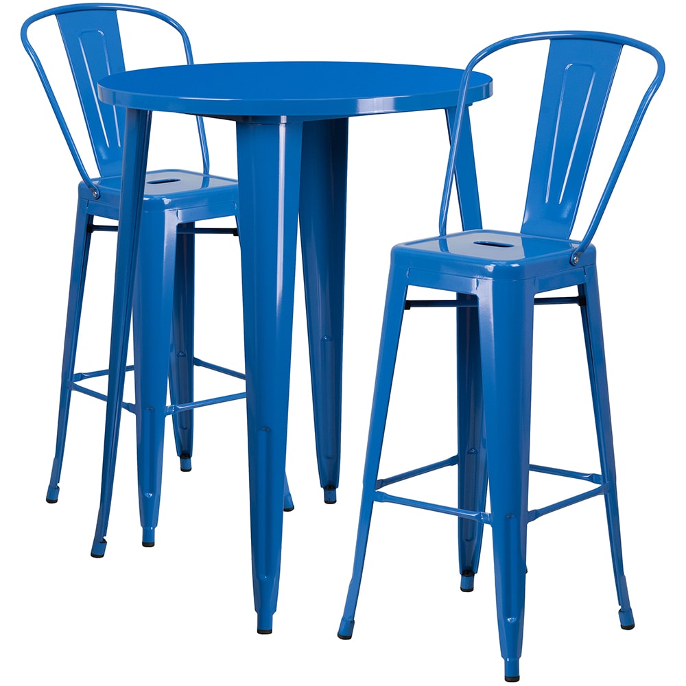 Flash Furniture CH-51090BH-2-30CAFE-BL-GG 30" Round Bar Height Table w/ (2) Bar Stool Set - Blue Steel Top, Steel Base