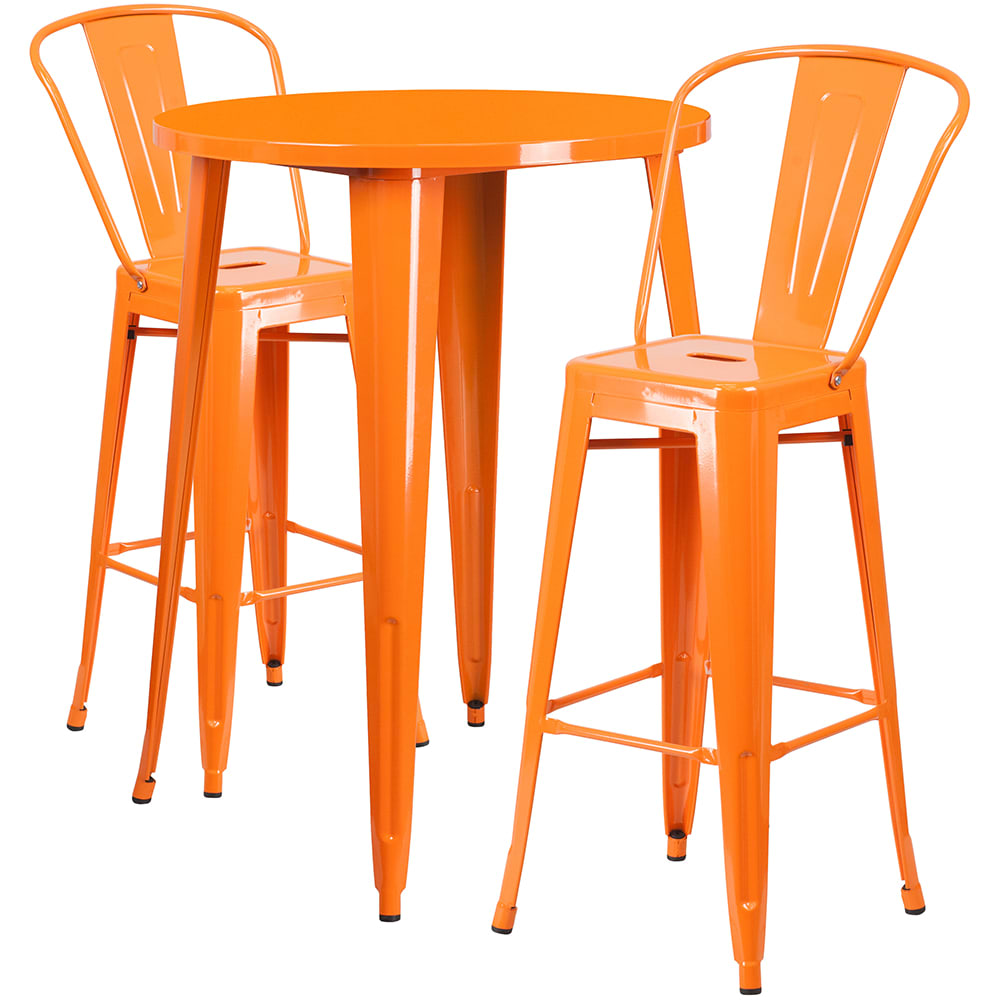 Flash Furniture CH-51090BH-2-30CAFE-OR-GG 30" Round Bar Height Table w/ (2) Bar Stool Set - Orange Steel Top, Steel Base