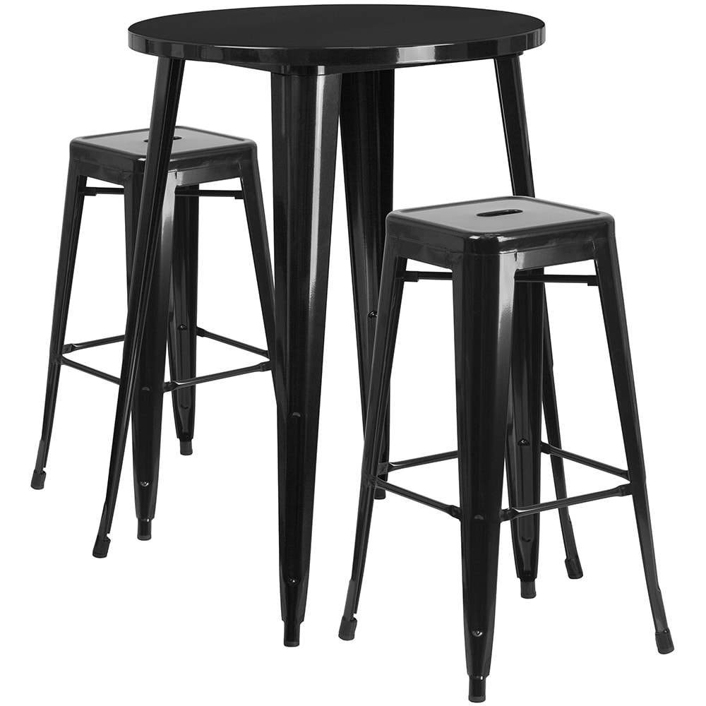 Flash Furniture CH-51090BH-2-30SQST-BK-GG 30" Square Bar Height Table w/ (2) Bar Stool Set - Black Steel Top, Steel Base